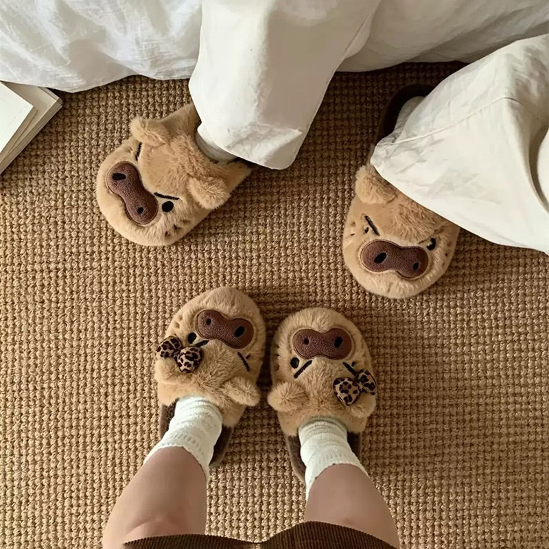 Brown winter leopard bow cute pig slippers aesthetic warm plush house shoes