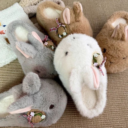 Winter Cute Straw Hat Bunny Slippers Aesthetic Warm Plush House Shoes