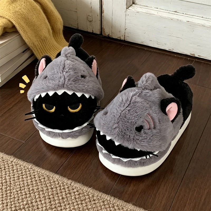 Black winter cute shark cat slippers aesthetic warm plush house shoes