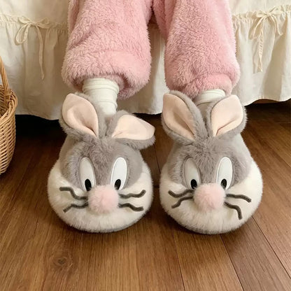 Gray winter cute whisker bunny slippers aesthetic warm plush house shoes