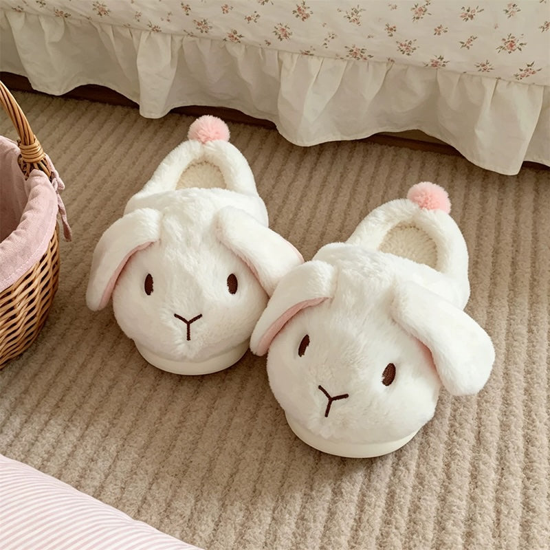 White winter cute floppy ear bunny slippers aesthetic warm plush house shoes
