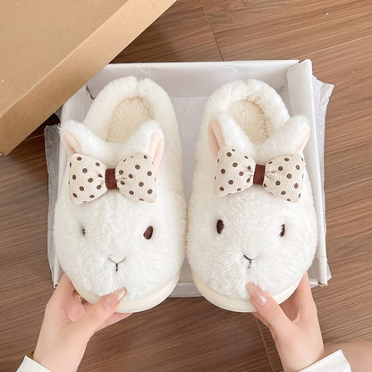 White winter cute bow bunny slippers aesthetic warm plush house shoes