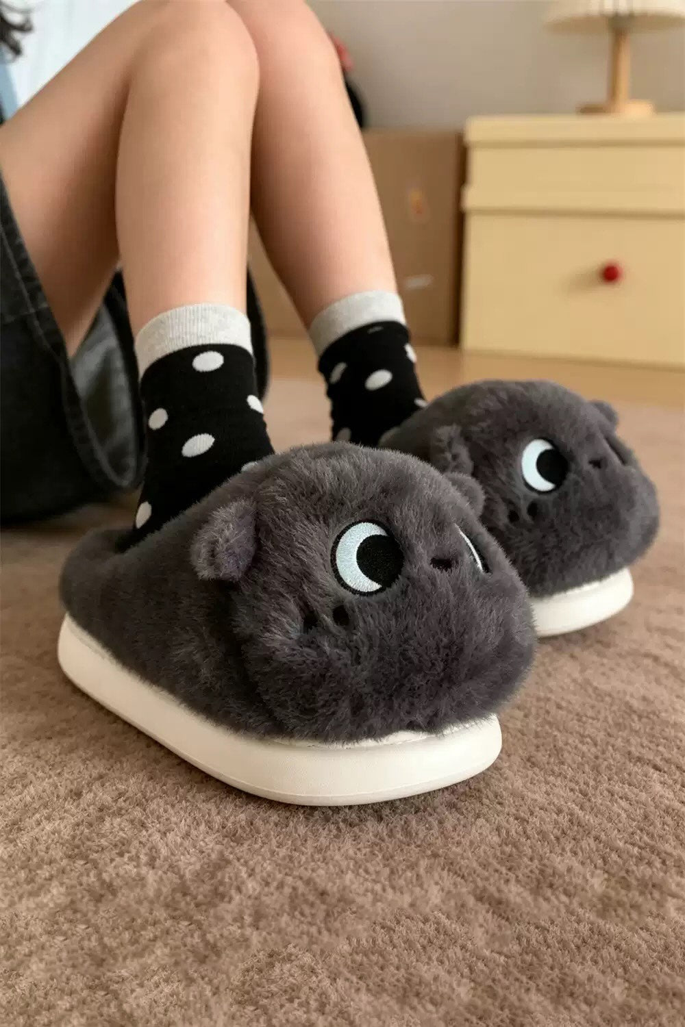 Winter black cat slippers aesthetic warm plush house shoes