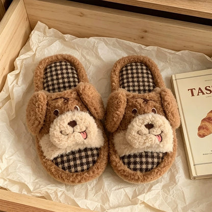 Khaki cute cartoon open toe dog plush slippers eva sole indoor shoes