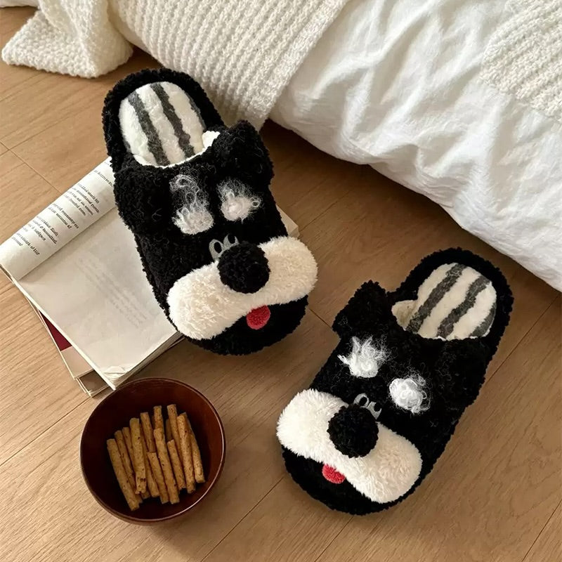 Black winter cute schnauzer dog slippers aesthetic warm plush house shoes