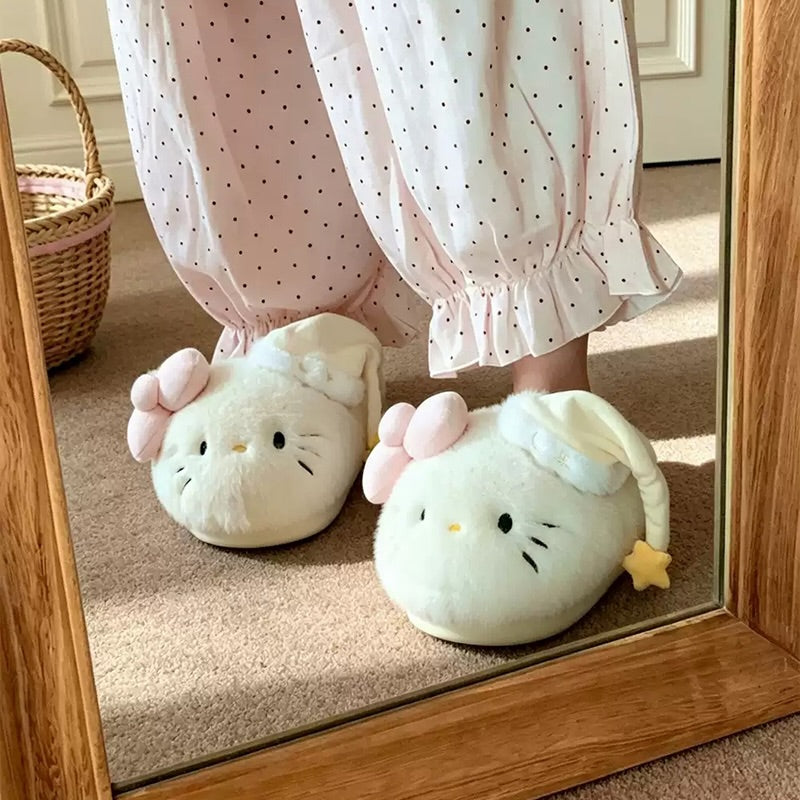 Beige winter cute sleeping hat hello kt cat slippers aesthetic warm plush house shoes