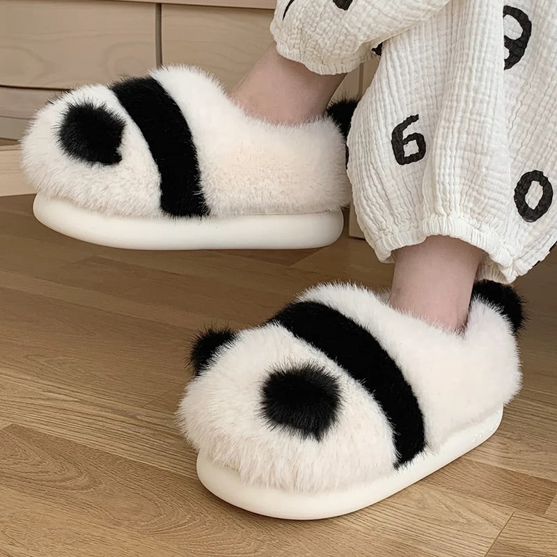 Black winter cute panda slippers aesthetic warm plush house shoes