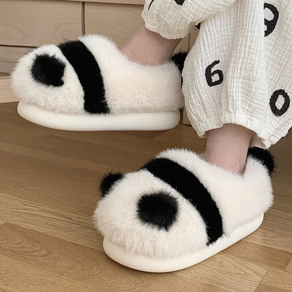 Black winter cute panda slippers aesthetic warm plush house shoes