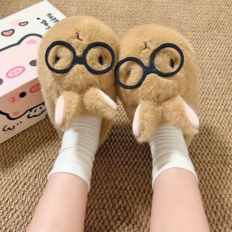 Winter cute glasses brown bunny slippers aesthetic warm plush house shoes