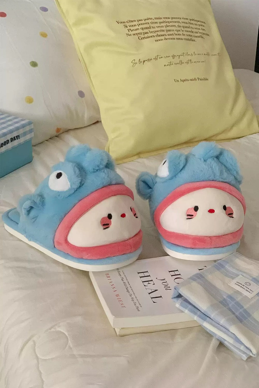Winter cute blue ugly fish slippers aesthetic warm plush house shoes
