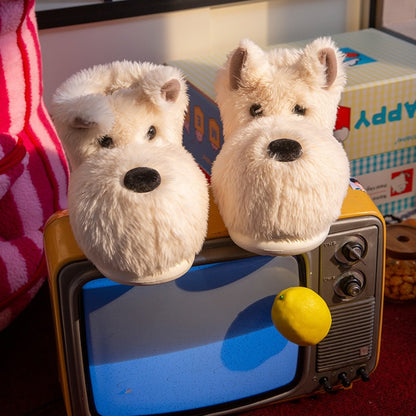 White westie dog shaped plush slippers featuring pointed ears and a black nose, cozy indoor footwear with EVA sole