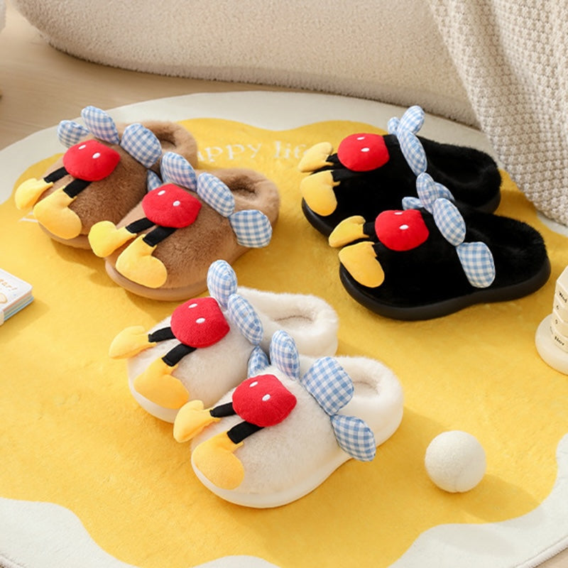 Black plush mouse slippers with blue gingham ears and a red top accent, cozy TPR sole indoor footwear