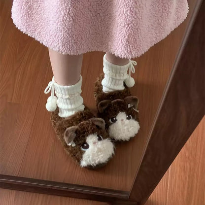 Brown winter cute closed back cat slippers aesthetic warm plush house shoes