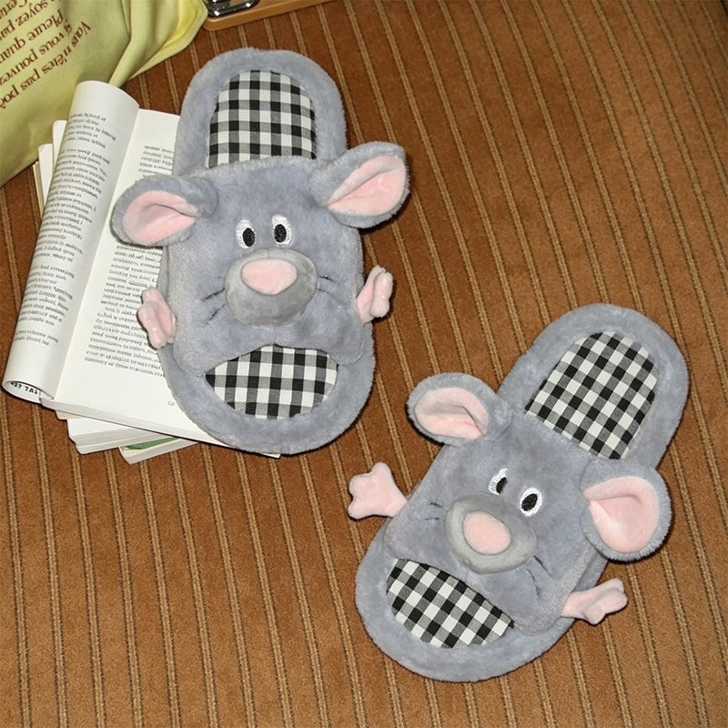 Gray all season open toe plush mouse slippers eva sole indoor shoes