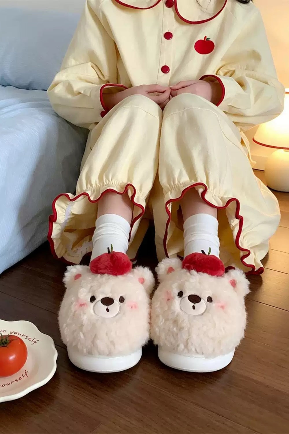 Winter cute yellow apple bear slippers aesthetic warm plush house shoes