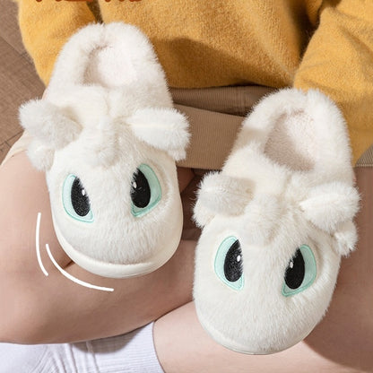 White fluffy dragon plush slippers featuring large mint-outlined eyes and small horn details, PVC sole indoor footwear