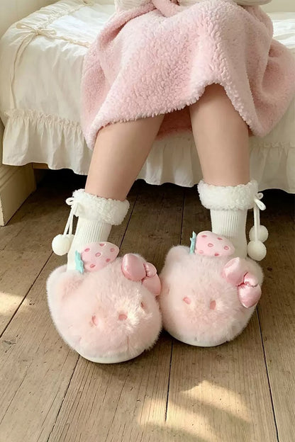 Winter cute pink strawberry cat slippers aesthetic warm plush house shoes