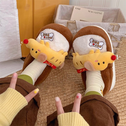 Brown winter closed back faux fur hot dog slippers eva sole indoor shoes