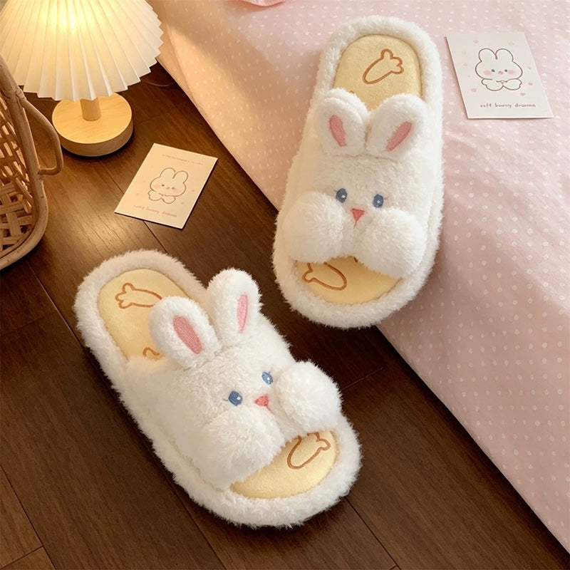 White all season open toe rabbit plush slippers eva sole bunny indoor shoes
