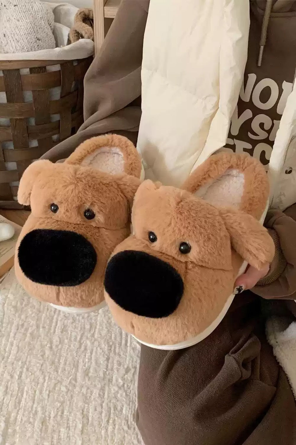 winter cute brown big nose golden retriever dog slippers aesthetic warm plush house shoes