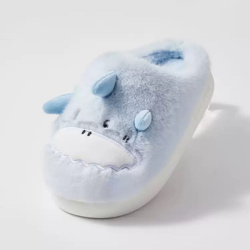 Sky blue plush shark slippers with 3D fins and zigzag white teeth, lightweight indoor shoes with EVA sole