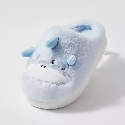 Sky blue plush shark slippers with 3D fins and zigzag white teeth, lightweight indoor shoes with EVA sole