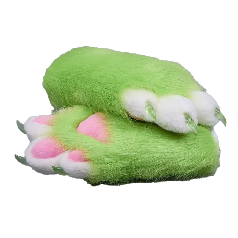 Plush cosplay paw gloves with white back fingers and pink palm pads, paired with semi-transparent black claws, soft lined furry mitts