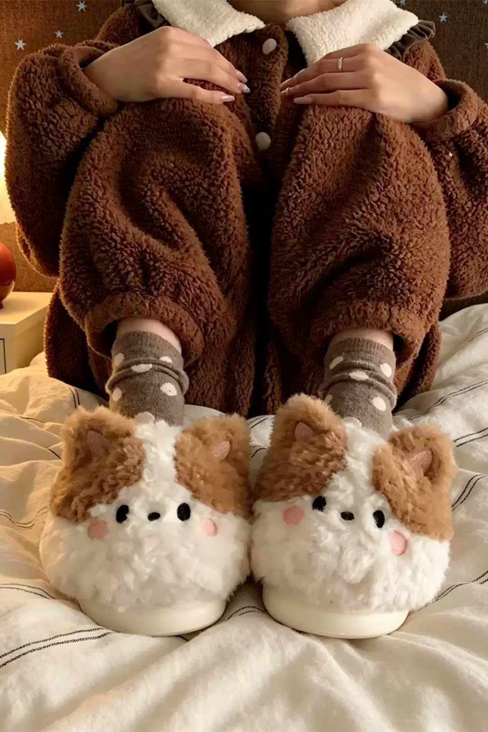 Winter cute brown cat slippers aesthetic warm plush house shoes