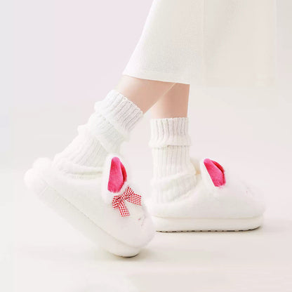 White winter plush bow cat slippers eva sole indoor house shoes