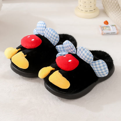 Black plush mouse slippers with blue gingham ears and a red top accent, cozy TPR sole indoor footwear