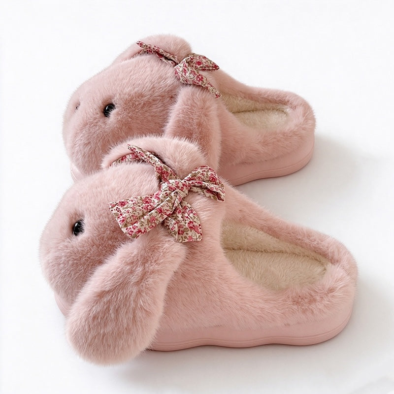 Winter Cute Shiny Bow Bunny Slippers Aesthetic Warm Plush House Shoes