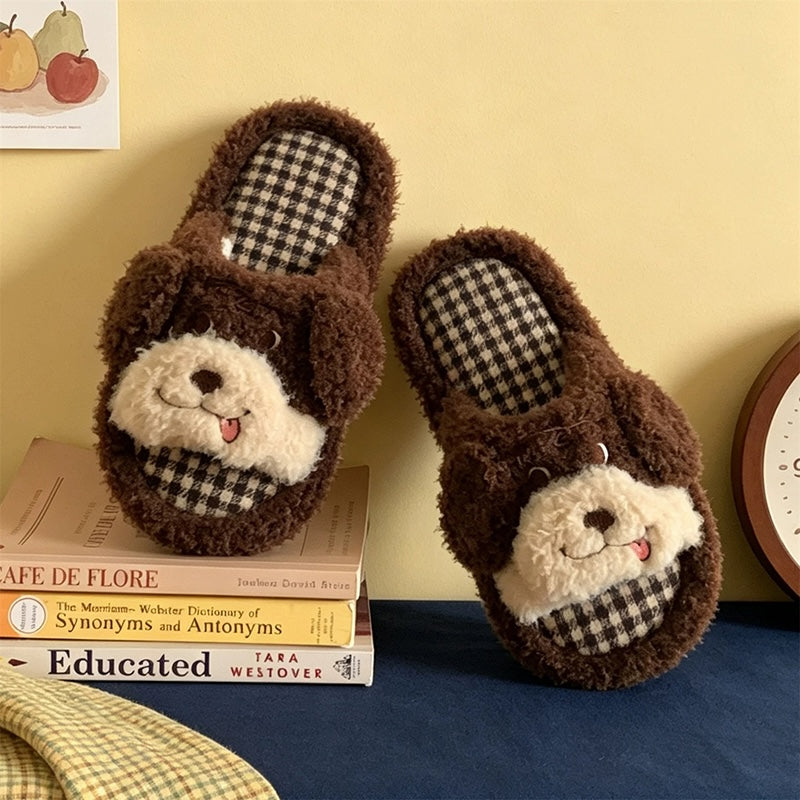 Brown cute cartoon open toe dog plush slippers eva sole indoor shoes