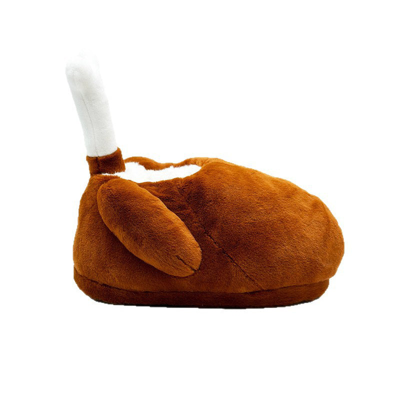 Brown turkey leg shaped indoor slippers with a white fabric bone accent and plush hanging wings, lightweight non-waterproof fabric sole holiday footwear
