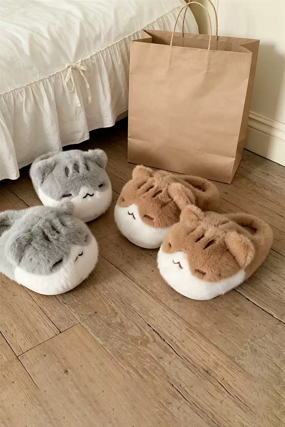 Cute Brown Squinting Cat Slippers Aesthetic Warm Plush House Shoes