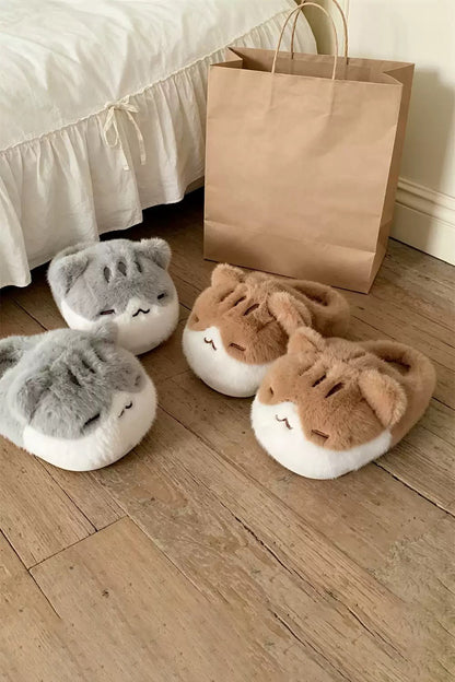 Cute Brown Squinting Cat Slippers Aesthetic Warm Plush House Shoes