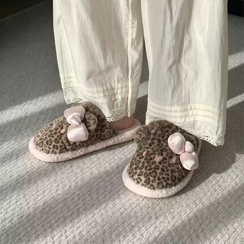 Brown winter satin bow cute hello kt cat slippers aesthetic warm plush house shoes