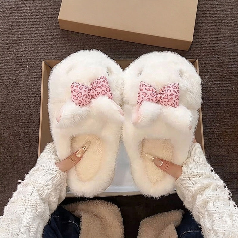White winter cute heart bow bunny slippers aesthetic warm house shoes