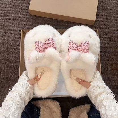 White winter cute heart bow bunny slippers aesthetic warm house shoes