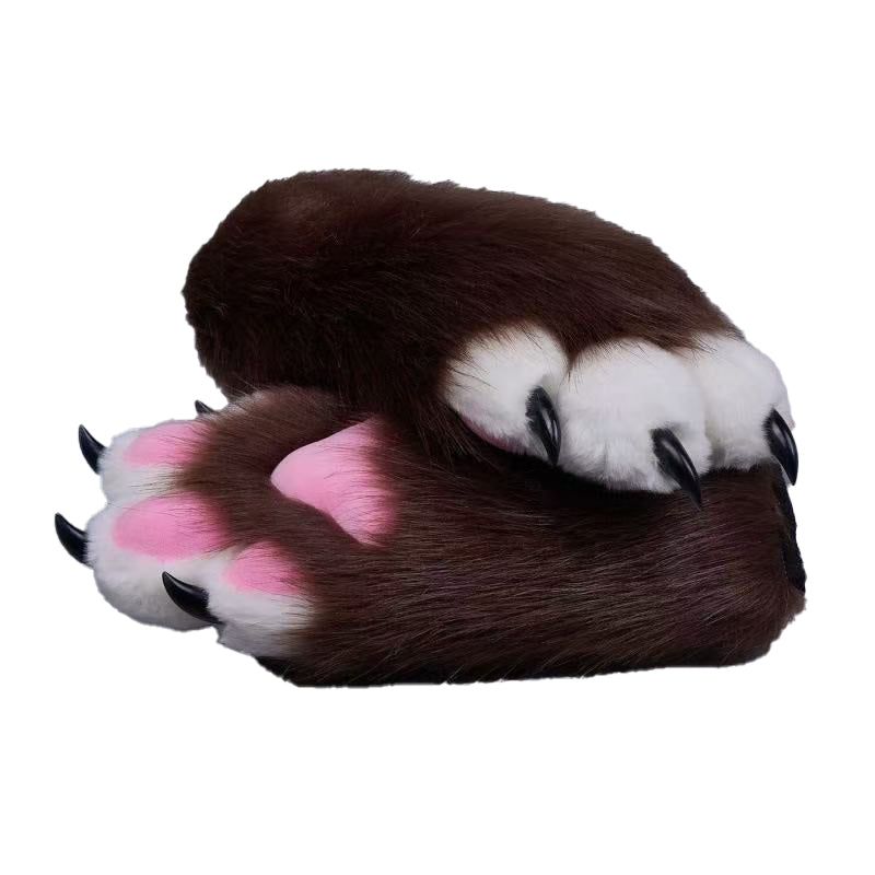Plush cosplay paw gloves with white back fingers and pink palm pads, paired with semi-transparent black claws, soft lined furry mitts