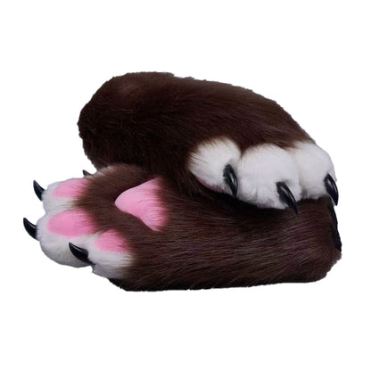 Plush cosplay paw gloves with white back fingers and pink palm pads, paired with semi-transparent black claws, soft lined furry mitts