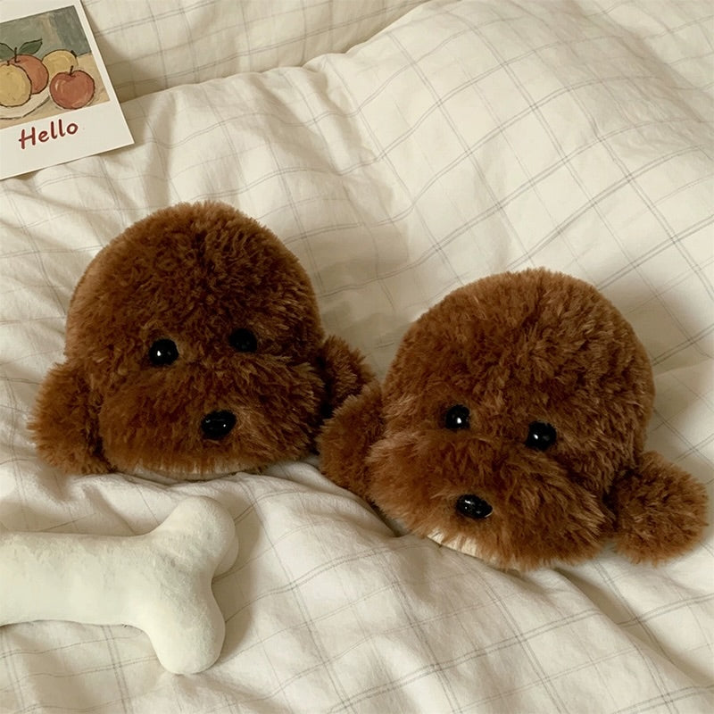 Winter cute brown teddy dog slippers aesthetic warm plush house shoes