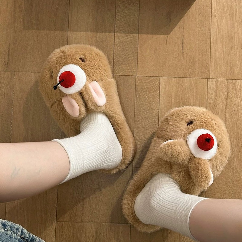 Brown winter cute cherry bunny slippers aesthetic warm plush house shoes