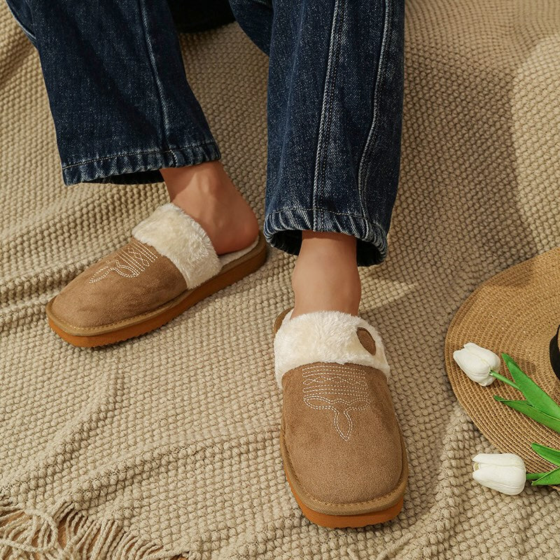 Khaki western inspired slip-on slippers with fuzzy trim and oval patch detail, soft suede indoor shoes with EVA sole