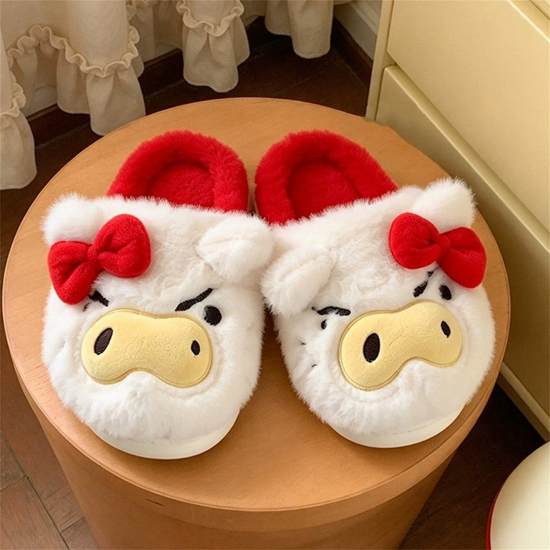 White winter leopard bow cute pig slippers aesthetic warm plush house shoes