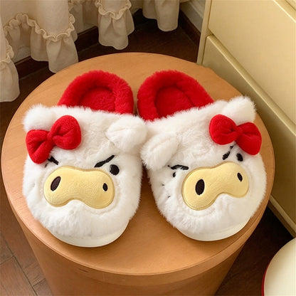 White winter leopard bow cute pig slippers aesthetic warm plush house shoes