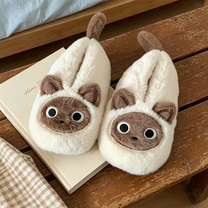 White winter cute siamese cat slippers aesthetic warm plush house shoes