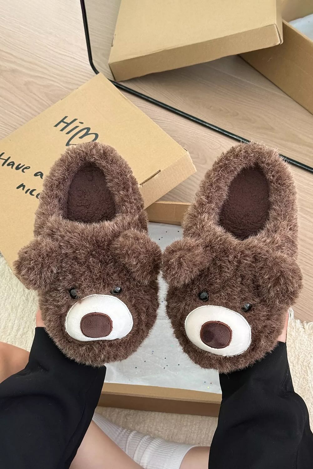 Winter cute dark brown bear slippers aesthetic warm plush house shoes