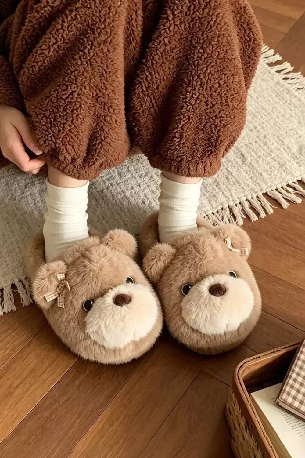 Winter cute khaki teddy bear slippers aesthetic warm plush house shoes