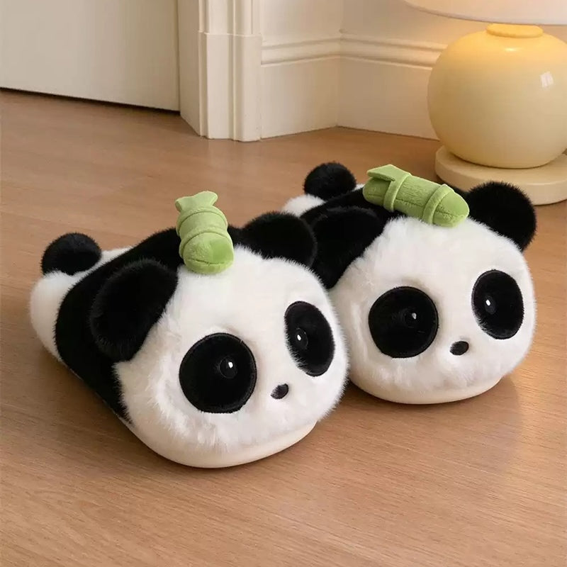 Black and white winter bamboo shoot cute panda slippers aesthetic warm plush house shoes