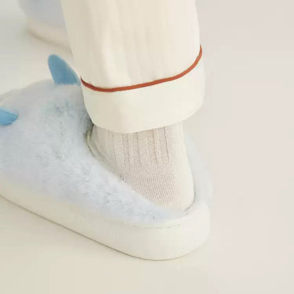 Sky blue plush shark slippers with 3D fins and zigzag white teeth, lightweight indoor shoes with EVA sole